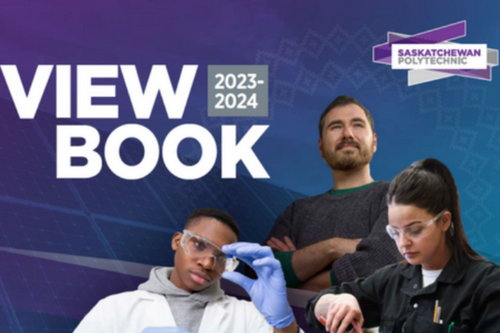 Viewbook cover with three images of students